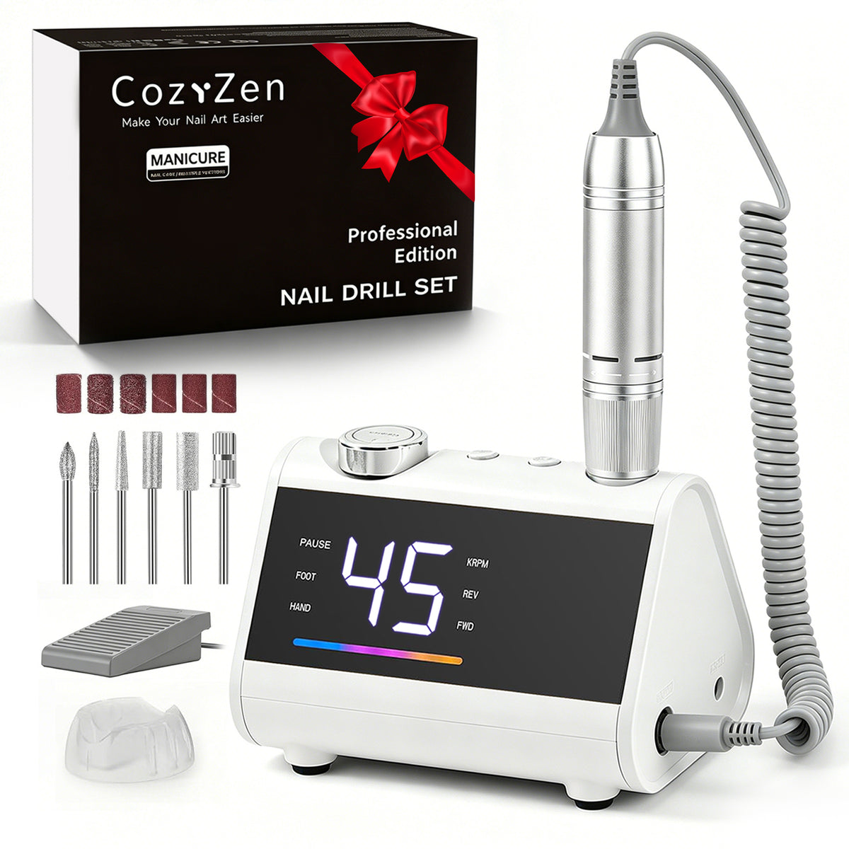 CozyZen Electric Nail Drill, Professional Corded Nail File, 45,000 RPM Large LCD Screen, Variable Speed, Hand & Foot Control, Overload Protection & Storage Case for Manicure & Pedicure