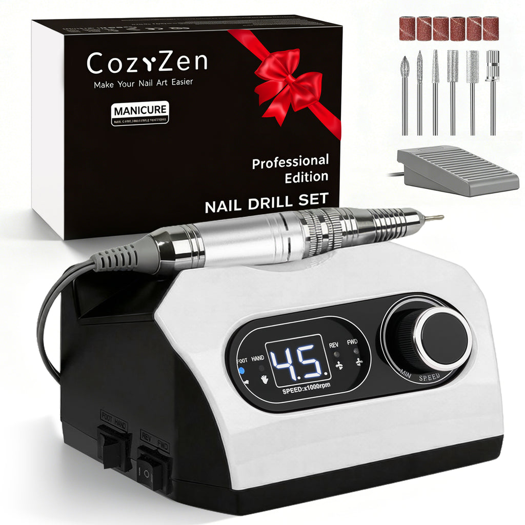 CozyZen Electric Nail Drill, Professional 45,000 RPM Nail File Plug-in Nail Drill Machine with Foot Pedal, 6 Bits, LED Display & Speed Control for Home & Salon