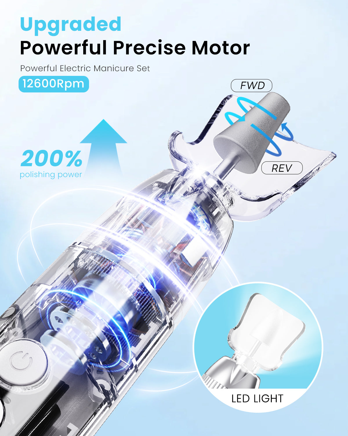 CozyZen Professional Electric Nail Grinder, Cordless Nail Drill with 10 Speeds & LED Light - Portable Manicure Pedicure Kit for Human, Pet, Thick Toenails, Natural & Acrylic Nails (White)