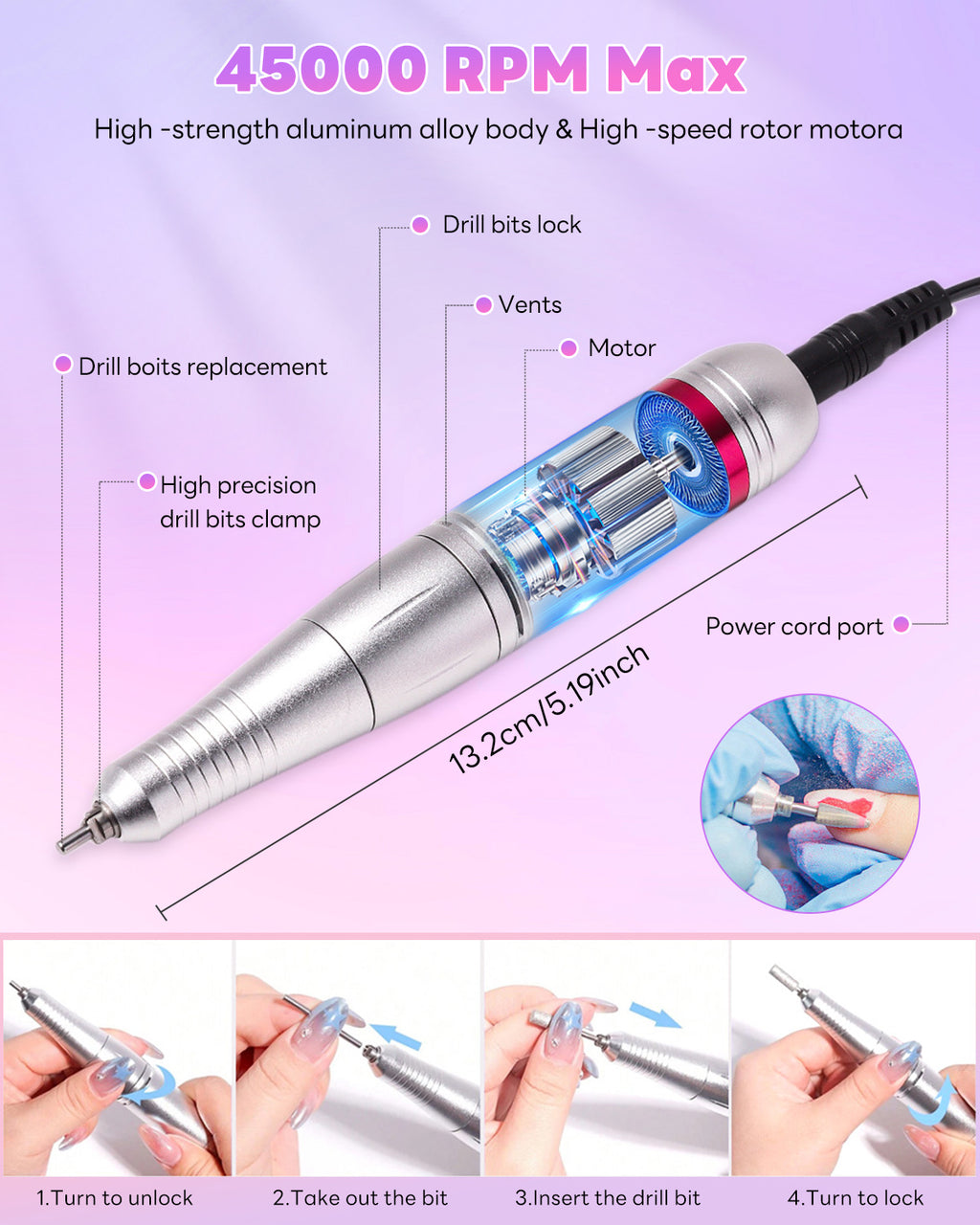 CozyZen Professional Electric Nail Drill 45000 RPM LCD Display, Hand & Foot Control, Low Noise, for Acrylic & Gel Nails, Manicure, Pedicure, Salon & Home