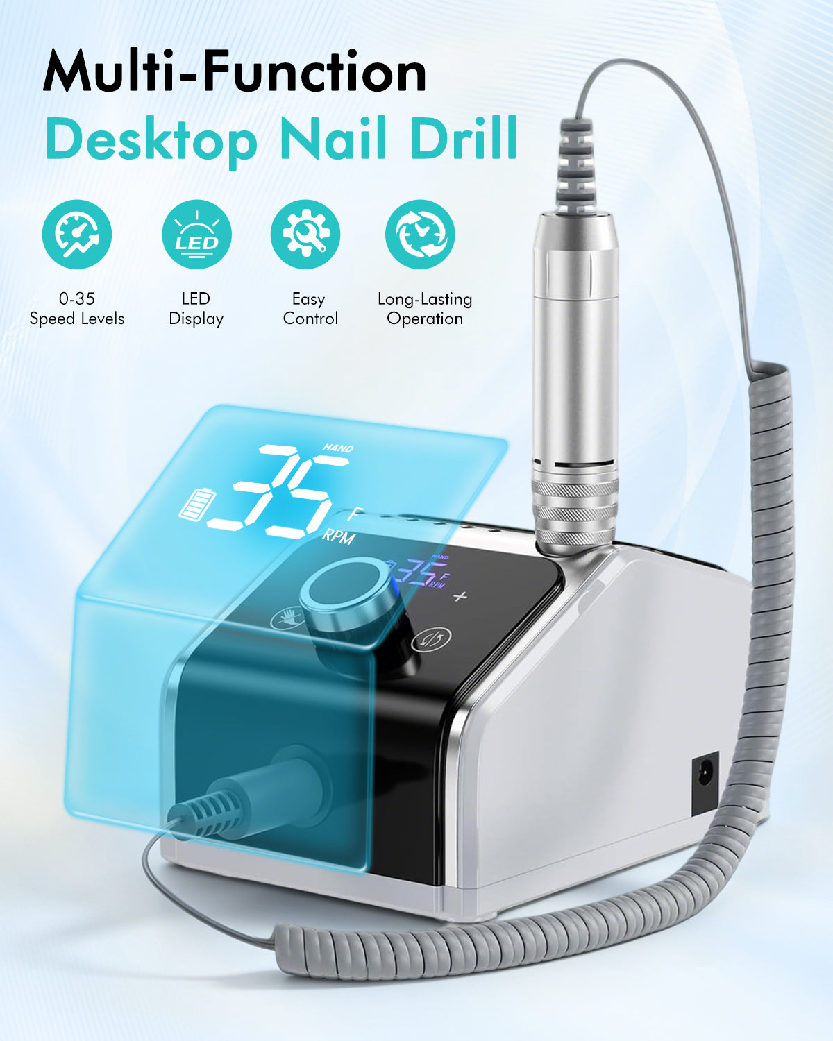 CozyZen Electric Nail Drill, 35000 RPM Professional Nail File LCD Display, Hand & Foot Pedal Control, Quiet for Acrylic & Gel Nails, Manicure & Pedicure, Home & Salon Use
