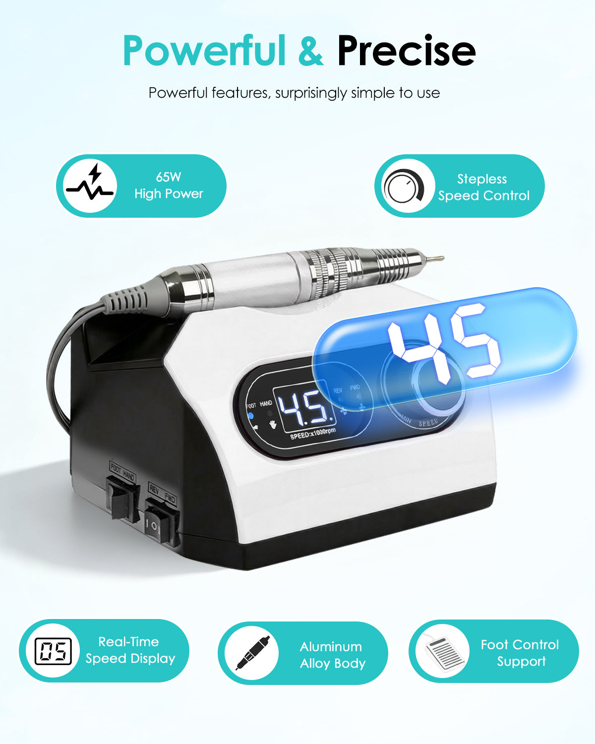 CozyZen Electric Nail Drill, Professional 45,000 RPM Nail File Plug-in Nail Drill Machine with Foot Pedal, 6 Bits, LED Display & Speed Control for Home & Salon