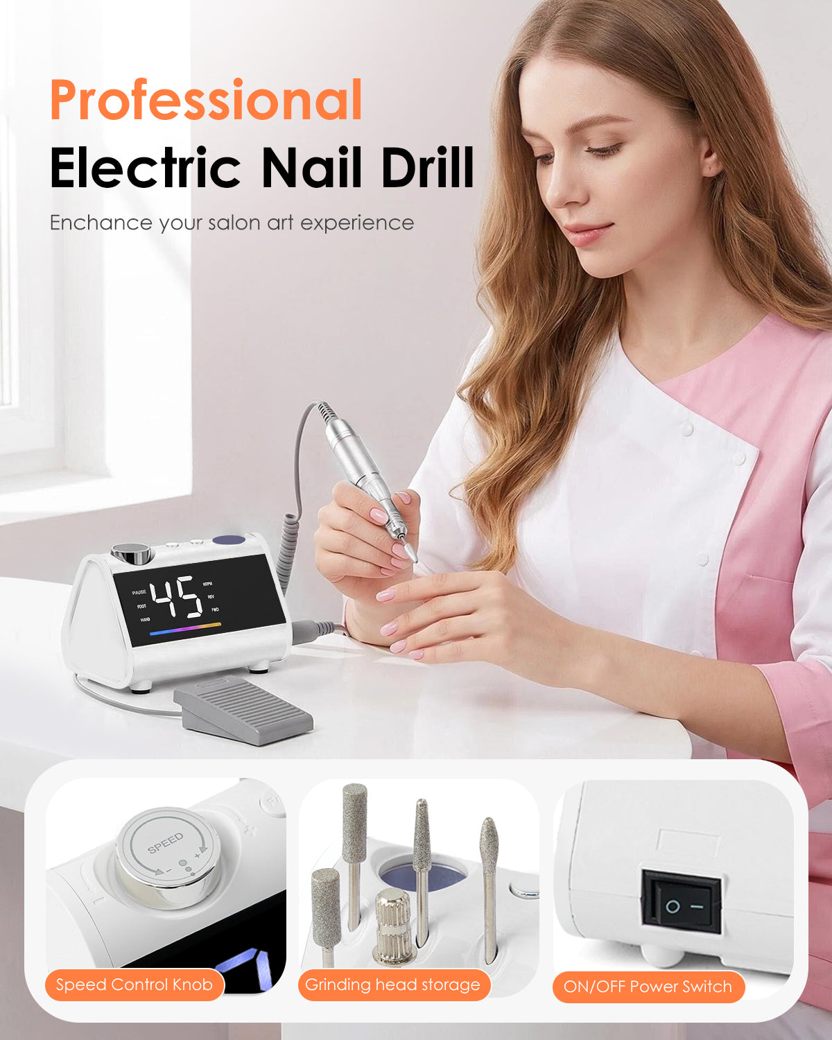 CozyZen Electric Nail Drill, Professional Corded Nail File, 45,000 RPM Large LCD Screen, Variable Speed, Hand & Foot Control, Overload Protection & Storage Case for Manicure & Pedicure