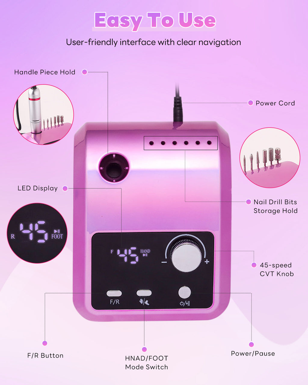 CozyZen Professional Electric Nail Drill 45000 RPM LCD Display, Hand & Foot Control, Low Noise, for Acrylic & Gel Nails, Manicure, Pedicure, Salon & Home