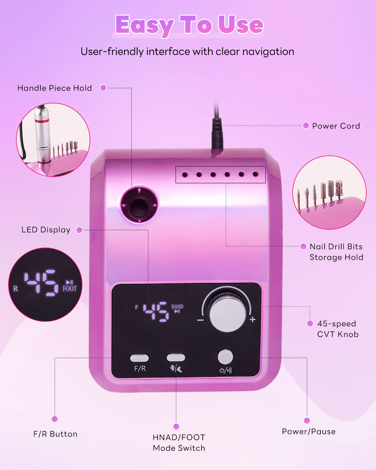 CozyZen Professional Electric Nail Drill 45000 RPM LCD Display, Hand & Foot Control, Low Noise, for Acrylic & Gel Nails, Manicure, Pedicure, Salon & Home