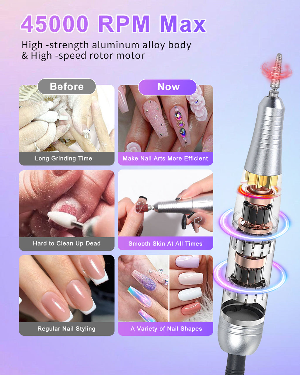 CozyZen Cordless Nail Drill, 45000 RPM Rechargeable Electric Nail File Low Noise Portable E File for Acrylic & Gel Nails, Manicure & Pedicure, Salon & Home Use