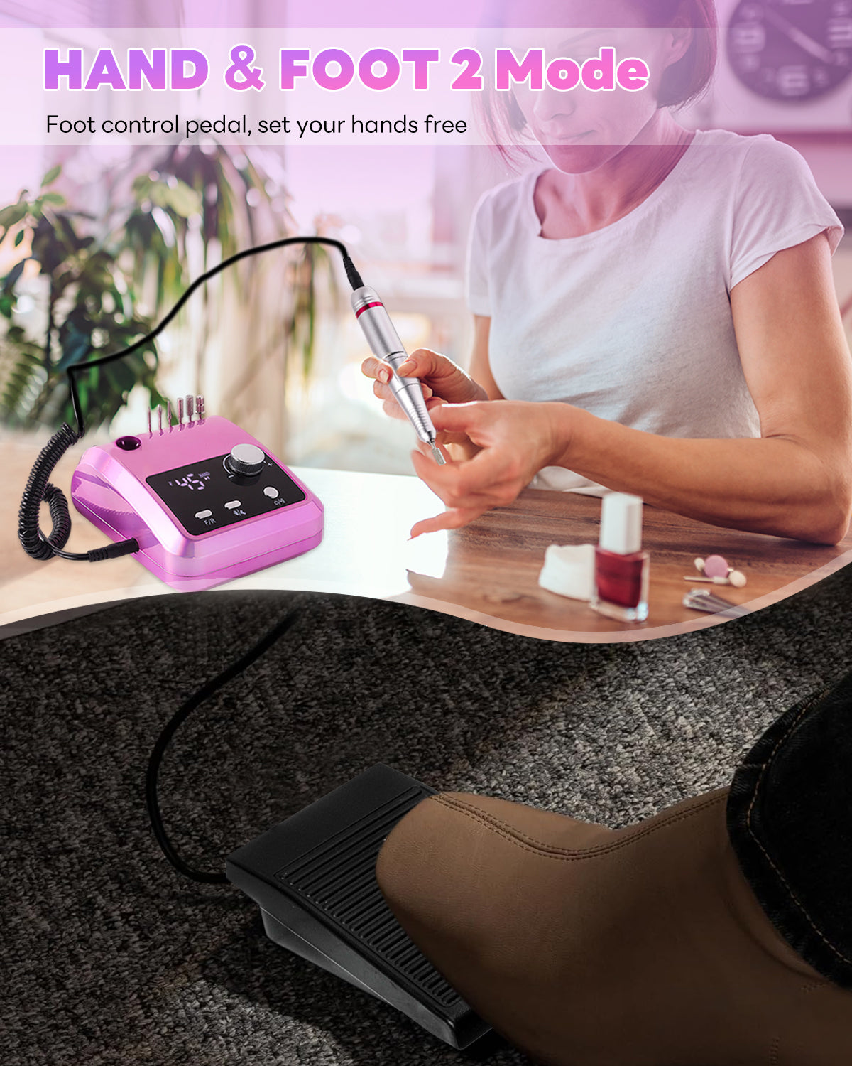 CozyZen Professional Electric Nail Drill 45000 RPM LCD Display, Hand & Foot Control, Low Noise, for Acrylic & Gel Nails, Manicure, Pedicure, Salon & Home