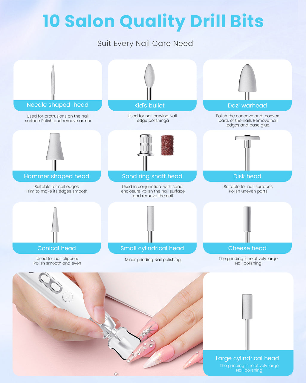 CozyZen Professional Electric Nail Grinder, Cordless Nail Drill with 10 Speeds & LED Light - Portable Manicure Pedicure Kit for Human, Pet, Thick Toenails, Natural & Acrylic Nails (White)