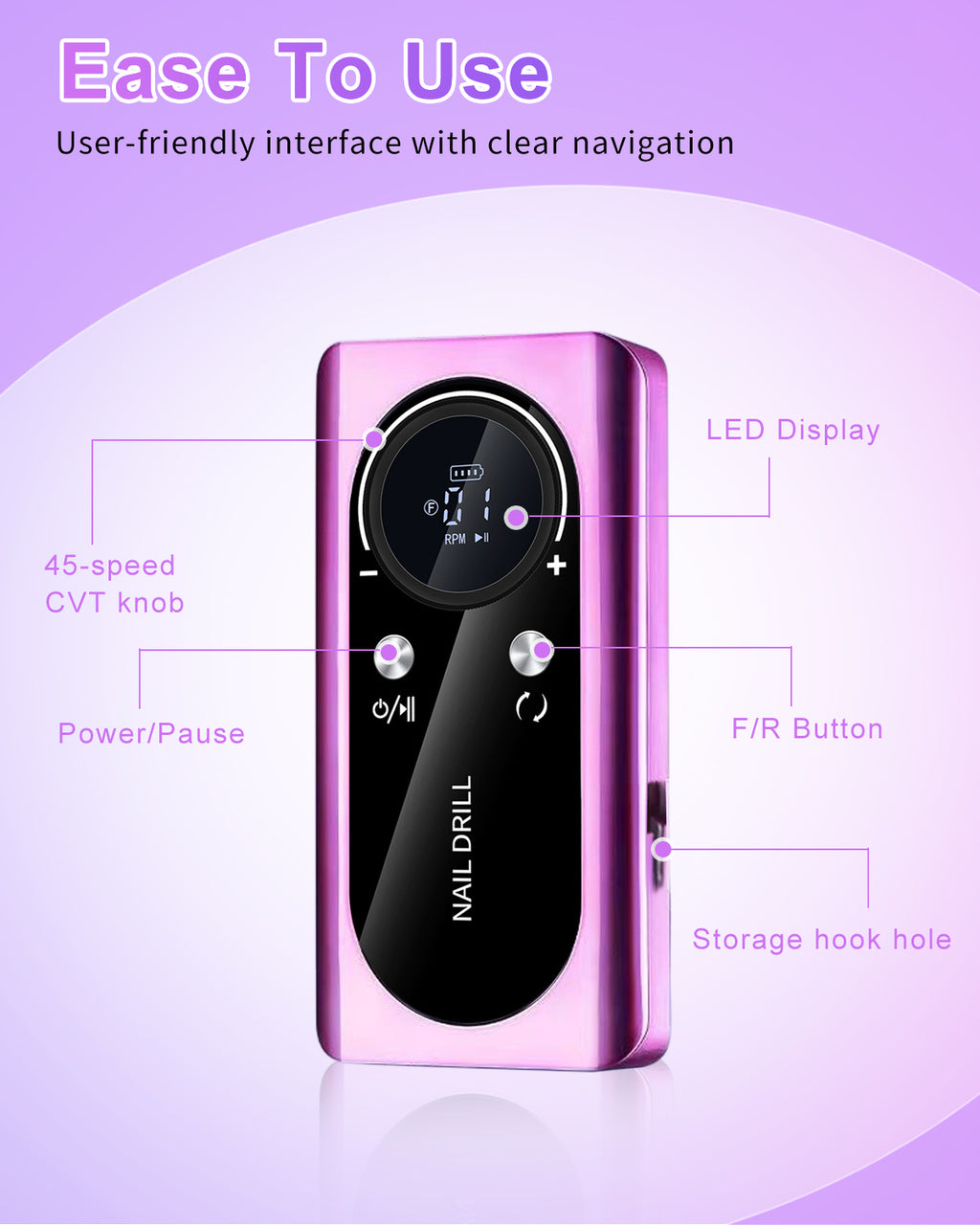 CozyZen Cordless Nail Drill, 45000 RPM Rechargeable Electric Nail File Low Noise Portable E File for Acrylic & Gel Nails, Manicure & Pedicure, Salon & Home Use