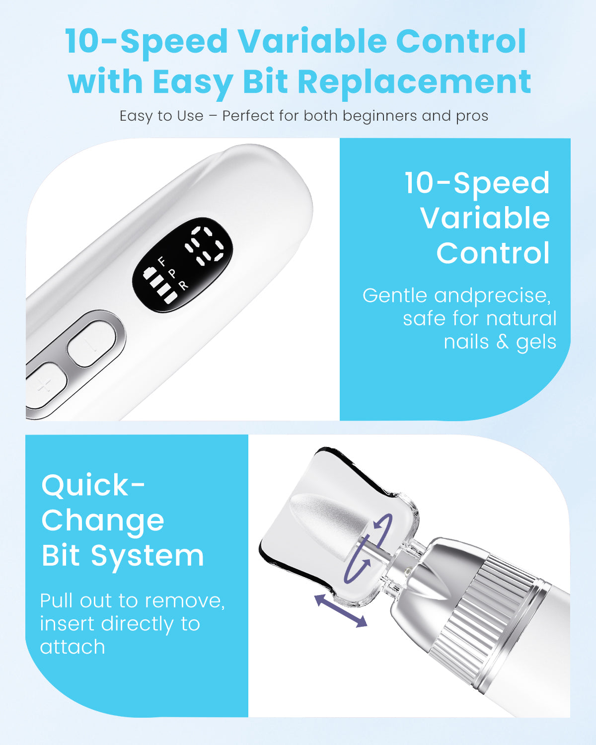 CozyZen Professional Electric Nail Grinder, Cordless Nail Drill with 10 Speeds & LED Light - Portable Manicure Pedicure Kit for Human, Pet, Thick Toenails, Natural & Acrylic Nails (White)