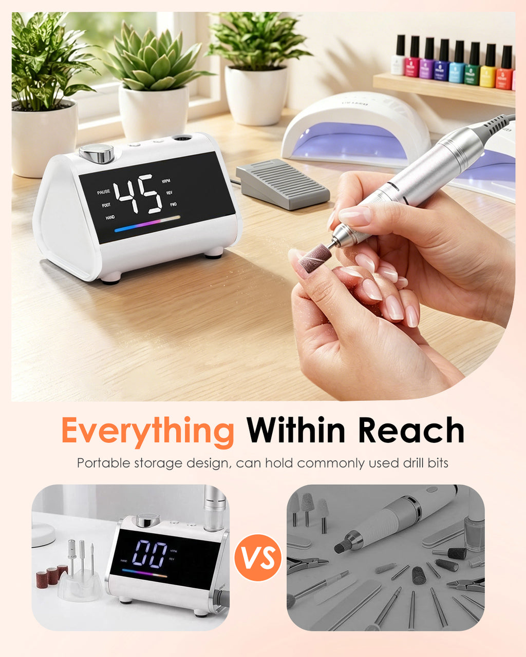 CozyZen Electric Nail Drill, Professional Corded Nail File, 45,000 RPM Large LCD Screen, Variable Speed, Hand & Foot Control, Overload Protection & Storage Case for Manicure & Pedicure