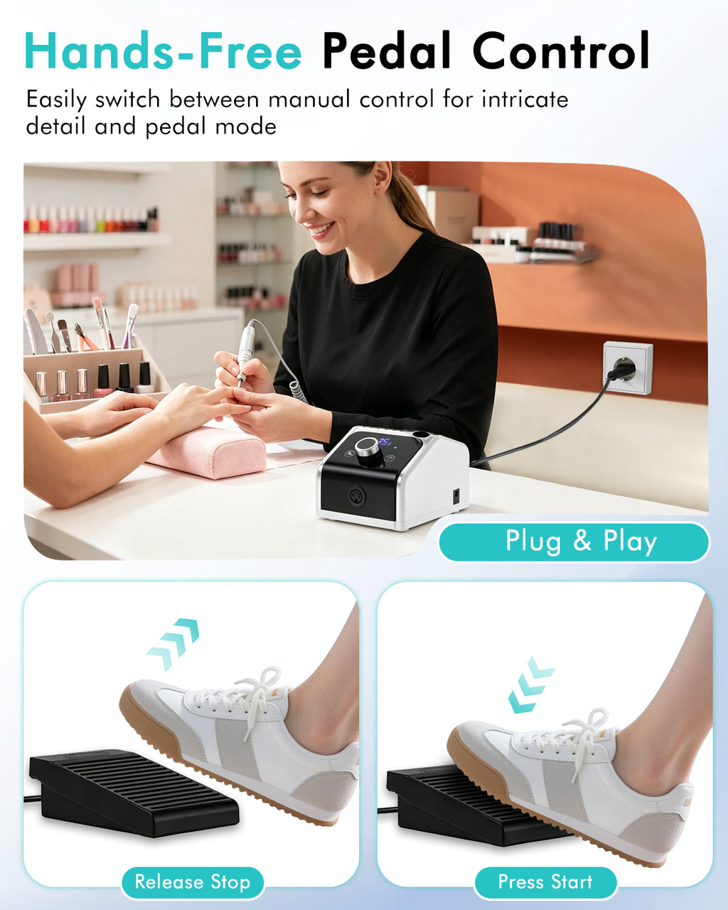 CozyZen Electric Nail Drill, 35000 RPM Professional Nail File LCD Display, Hand & Foot Pedal Control, Quiet for Acrylic & Gel Nails, Manicure & Pedicure, Home & Salon Use