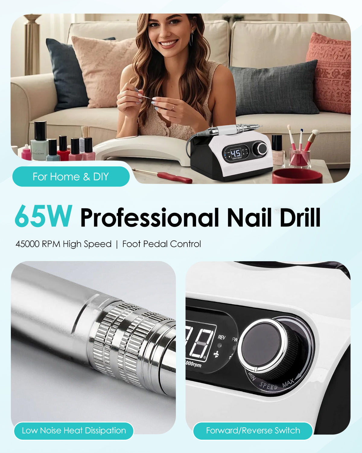 CozyZen Electric Nail Drill, Professional 45,000 RPM Nail File Plug-in Nail Drill Machine with Foot Pedal, 6 Bits, LED Display & Speed Control for Home & Salon