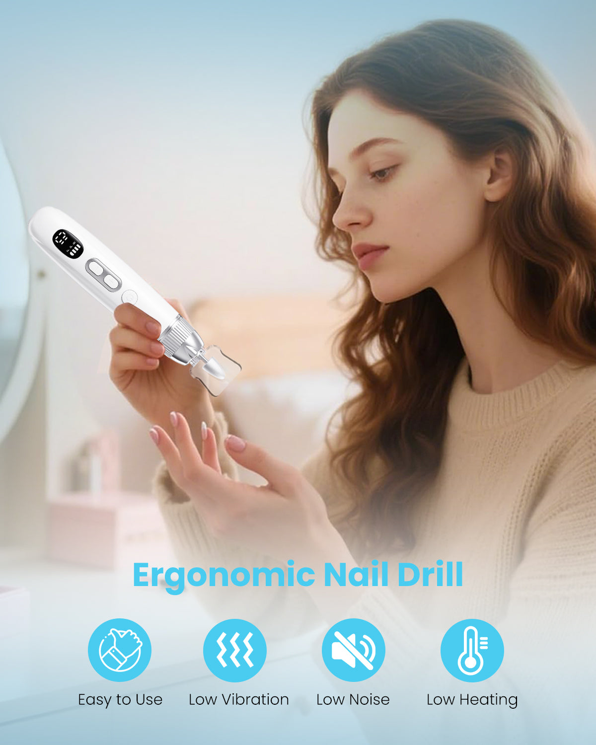 CozyZen Professional Electric Nail Grinder, Cordless Nail Drill with 10 Speeds & LED Light - Portable Manicure Pedicure Kit for Human, Pet, Thick Toenails, Natural & Acrylic Nails (White)