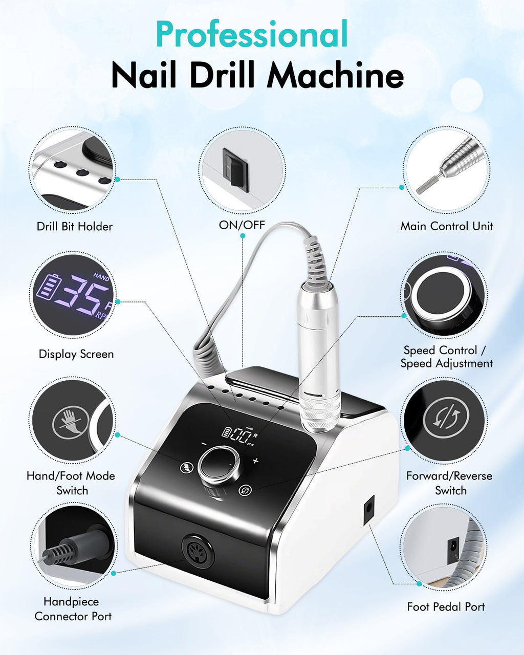 CozyZen Electric Nail Drill, 35000 RPM Professional Nail File LCD Display, Hand & Foot Pedal Control, Quiet for Acrylic & Gel Nails, Manicure & Pedicure, Home & Salon Use