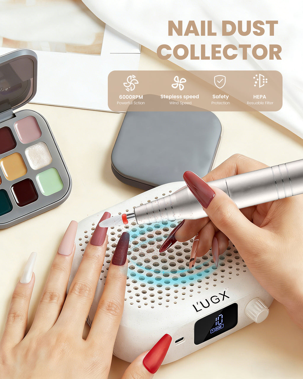 CozyZen Nail Dust Collector 6000RPM High-Speed with 2500mAh Battery Vacuum Fan with 10 Adjustable Speeds, 60.2CFM Airflow, LED Display & 15°Stand for Salon and Home Manicure Dust Extraction