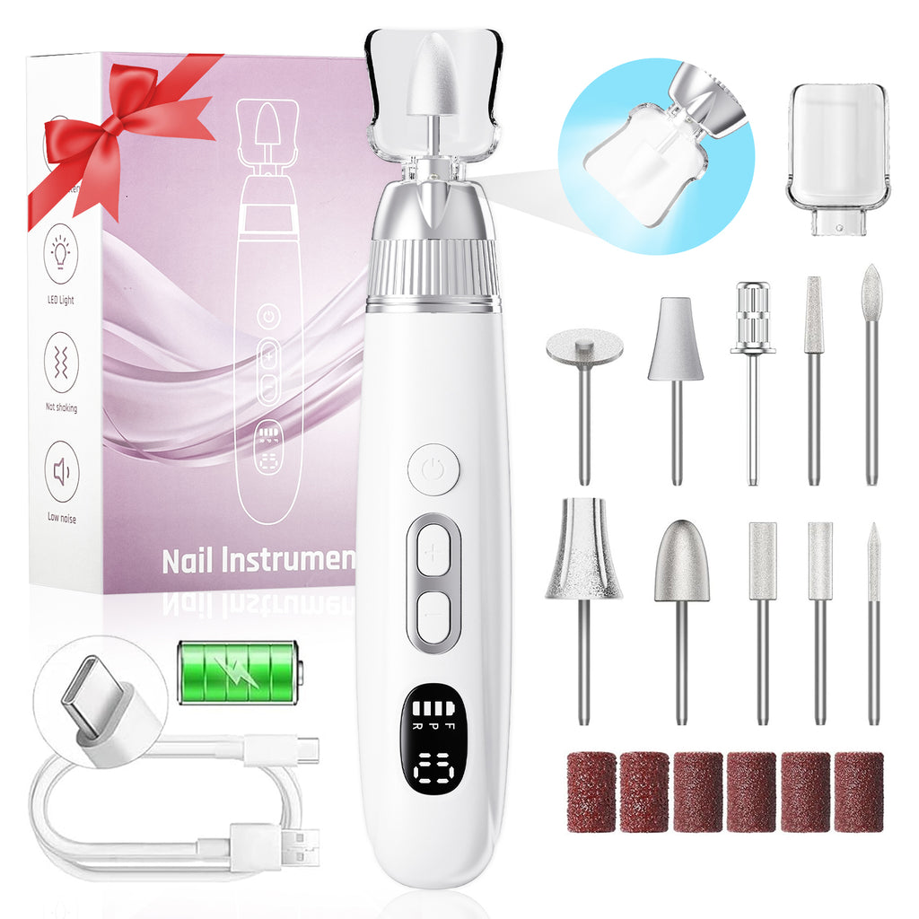 CozyZen Professional Electric Nail Grinder, Cordless Nail Drill with 10 Speeds & LED Light - Portable Manicure Pedicure Kit for Human, Pet, Thick Toenails, Natural & Acrylic Nails (White)