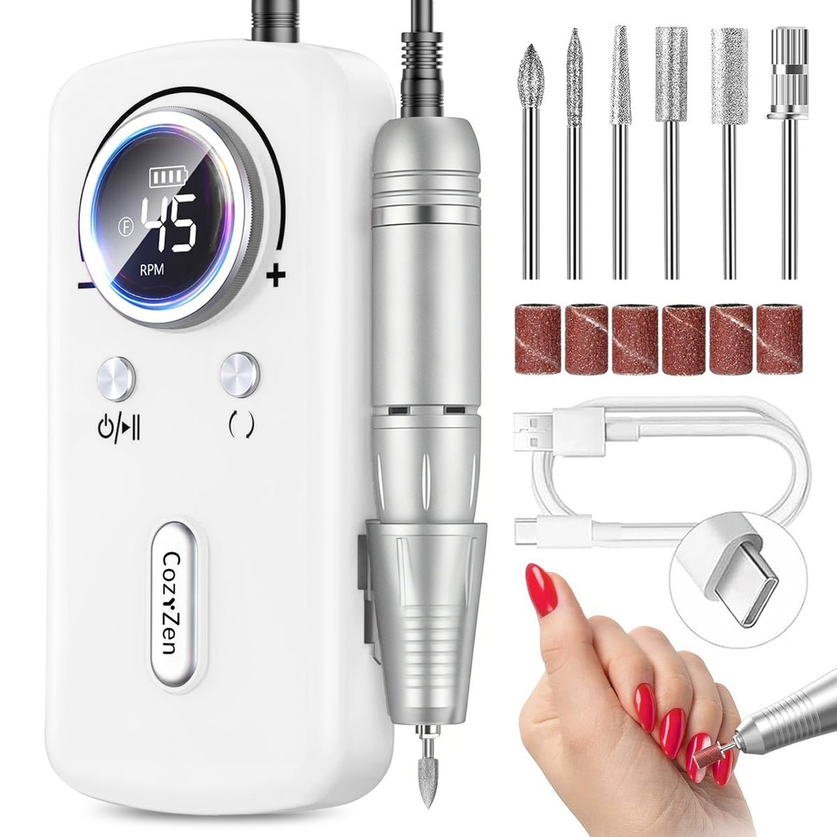 CozyZen Cordless Nail Drill Professional: 45000 RPM Rechargeable Electric Nail File Kit, Portable & Low Noise for Acrylic, Gel Nails, Manicure & Pedicure - Salon & Home Use