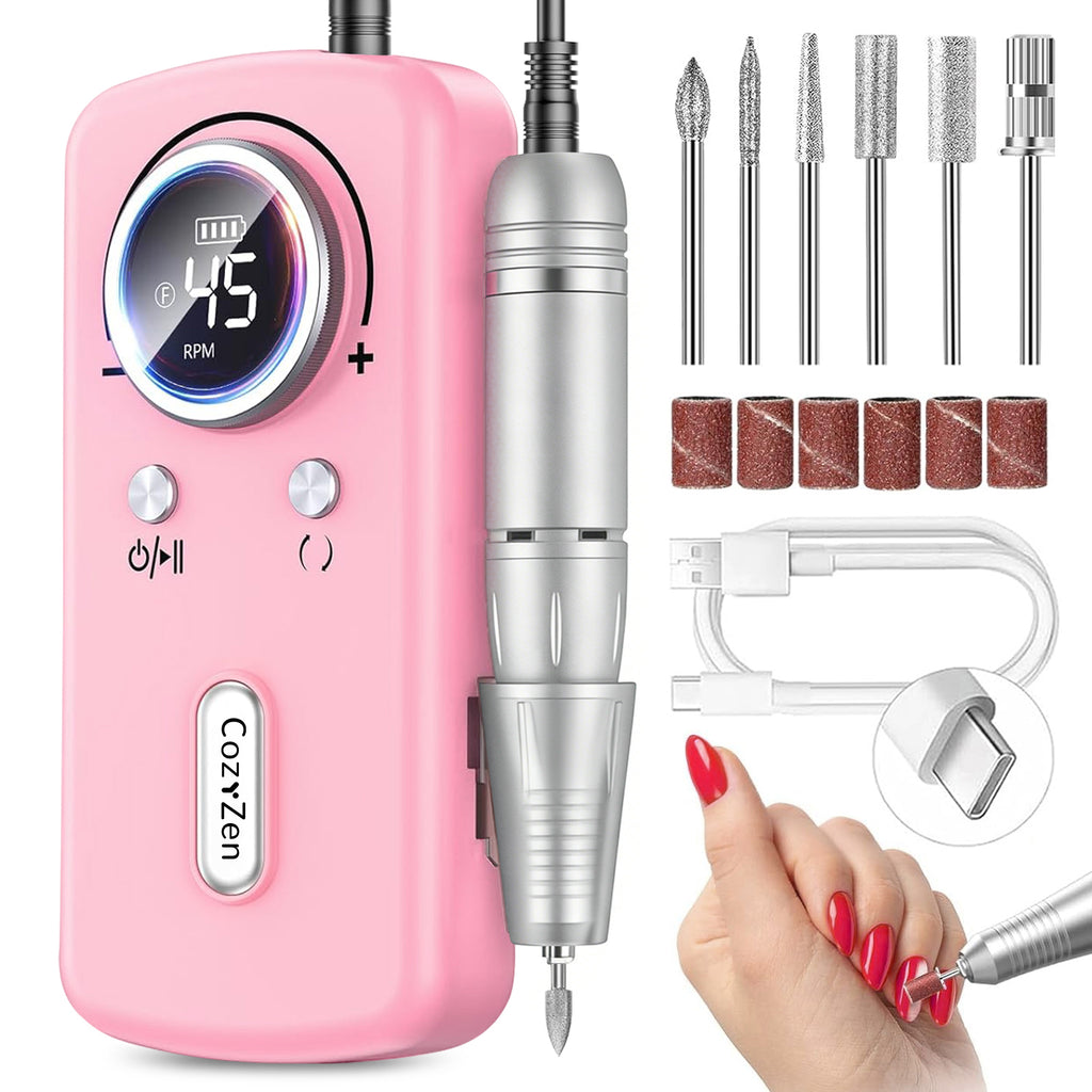 CozyZen Cordless Nail Drill Professional: 45000 RPM Rechargeable Electric Nail File Kit, Portable & Low Noise for Acrylic, Gel Nails, Manicure & Pedicure - Salon & Home Use