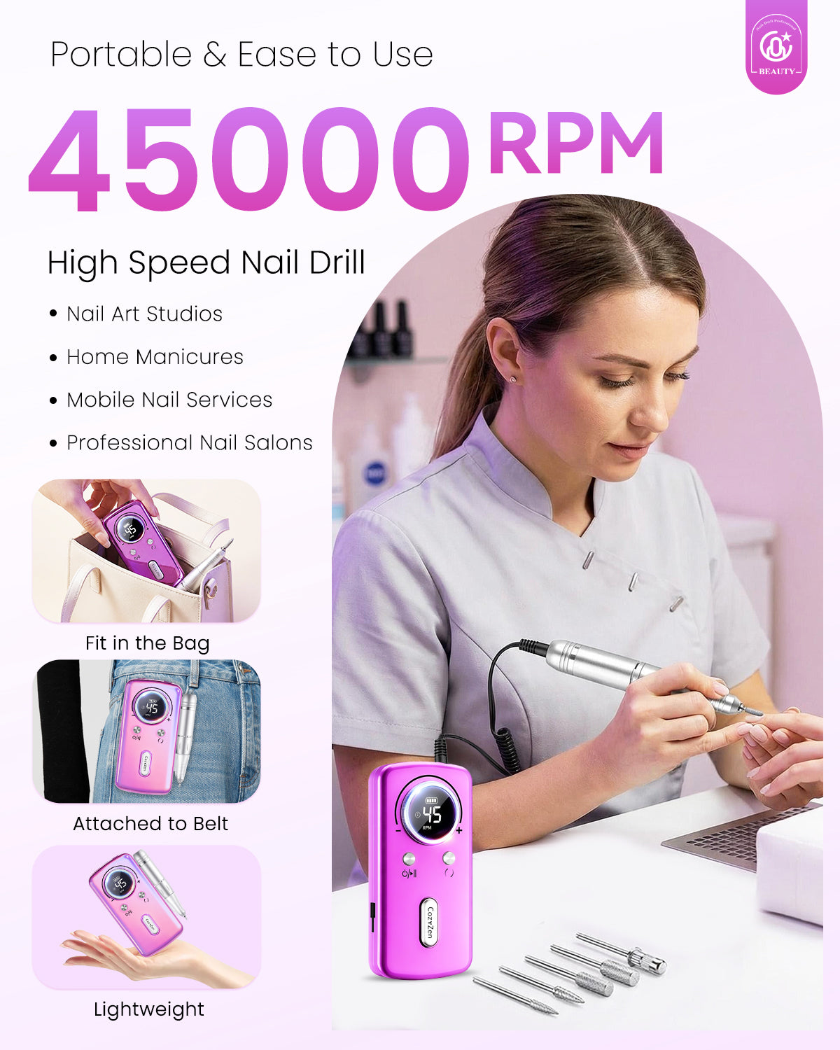 CozyZen Cordless Nail Drill Professional: 45000 RPM Rechargeable Electric Nail File Kit, Portable & Low Noise for Acrylic, Gel Nails, Manicure & Pedicure - Salon & Home Use