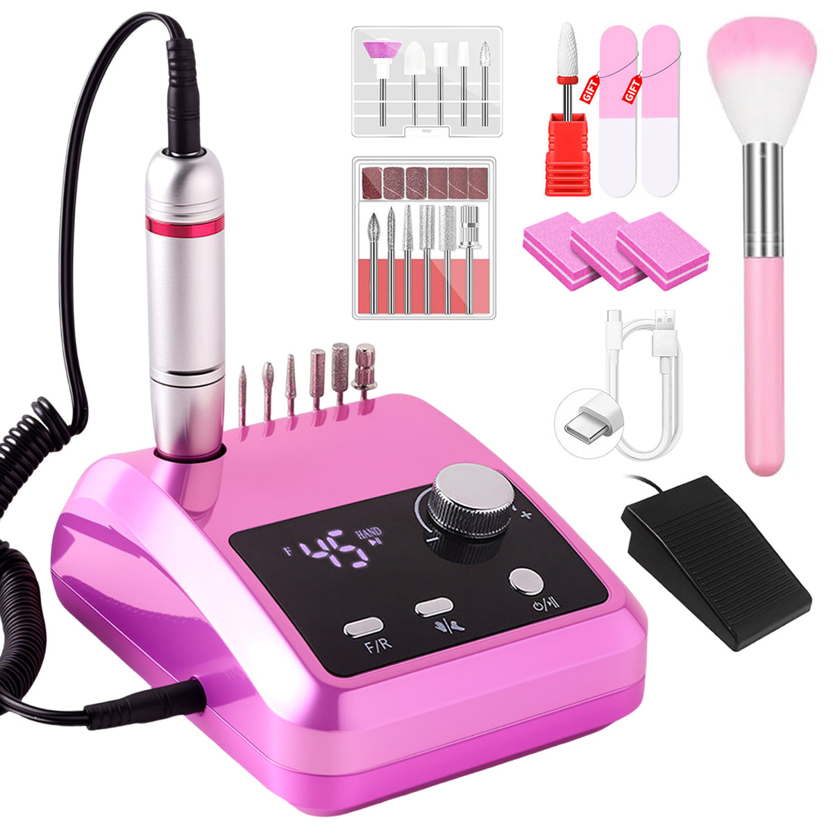 CozyZen Professional Electric Nail Drill 45000 RPM LCD Display, Hand & Foot Control, Low Noise, for Acrylic & Gel Nails, Manicure, Pedicure, Salon & Home