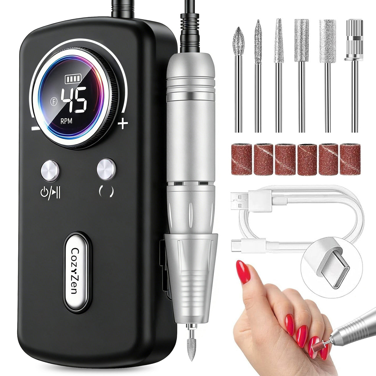 CozyZen Cordless Nail Drill Professional: 45000 RPM Rechargeable Electric Nail File Kit, Portable & Low Noise for Acrylic, Gel Nails, Manicure & Pedicure - Salon & Home Use