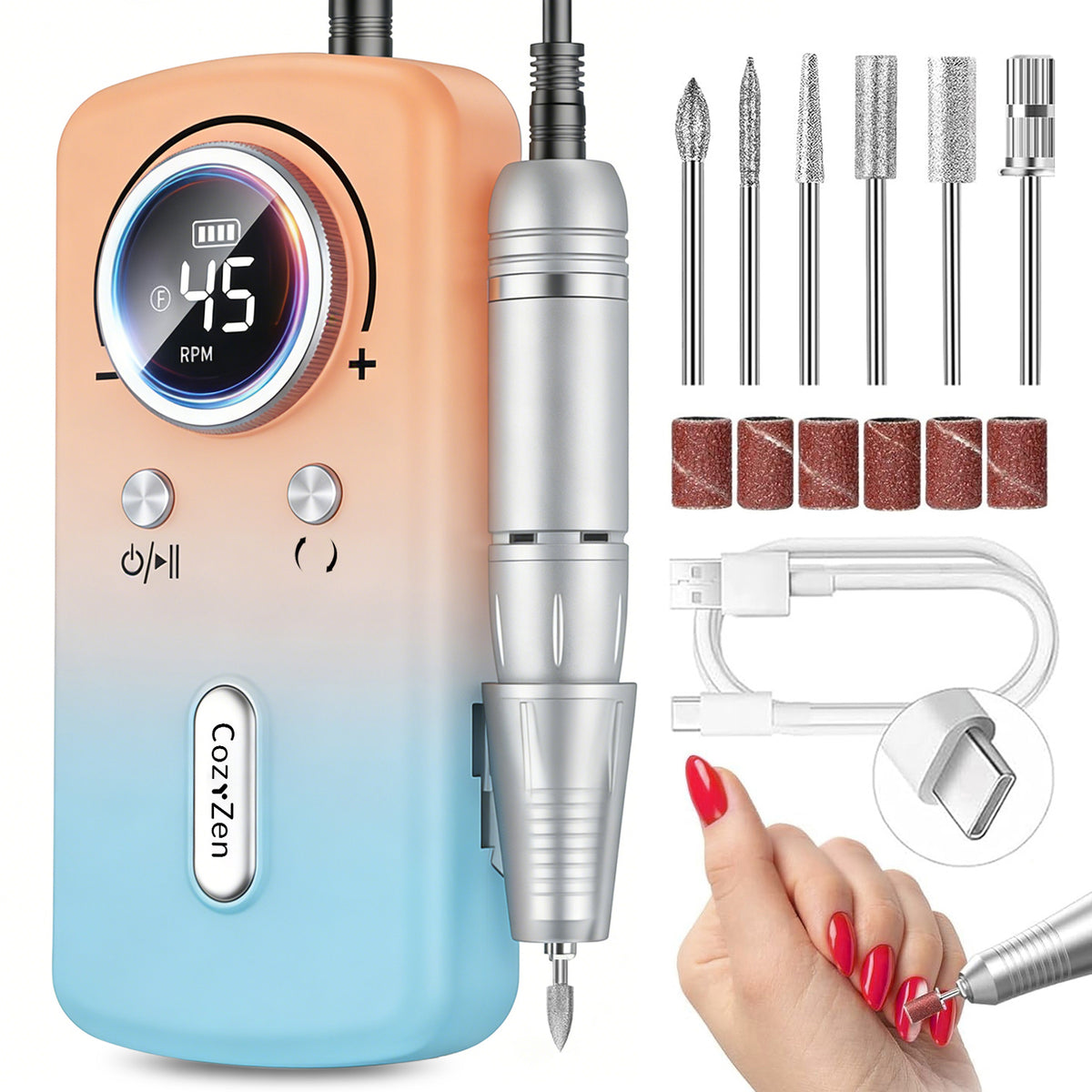 CozyZen Cordless Nail Drill Professional: 45000 RPM Rechargeable Electric Nail File Kit, Portable & Low Noise for Acrylic, Gel Nails, Manicure & Pedicure - Salon & Home Use