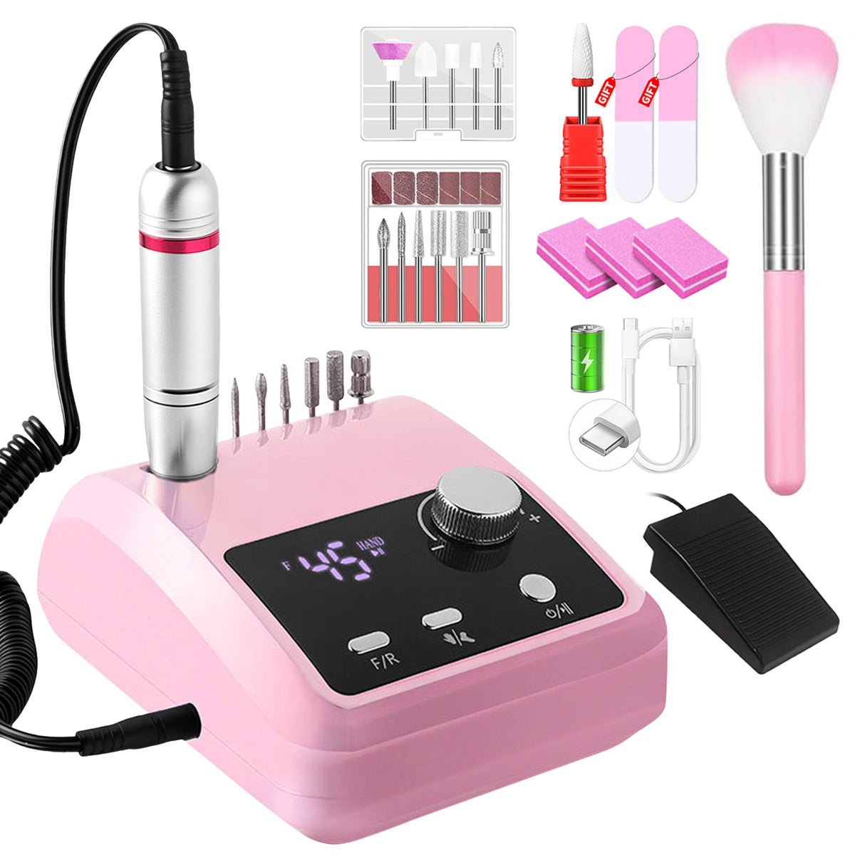 CozyZen Professional Electric Nail Drill 45000 RPM LCD Display, Hand & Foot Control, Low Noise, for Acrylic & Gel Nails, Manicure, Pedicure, Salon & Home