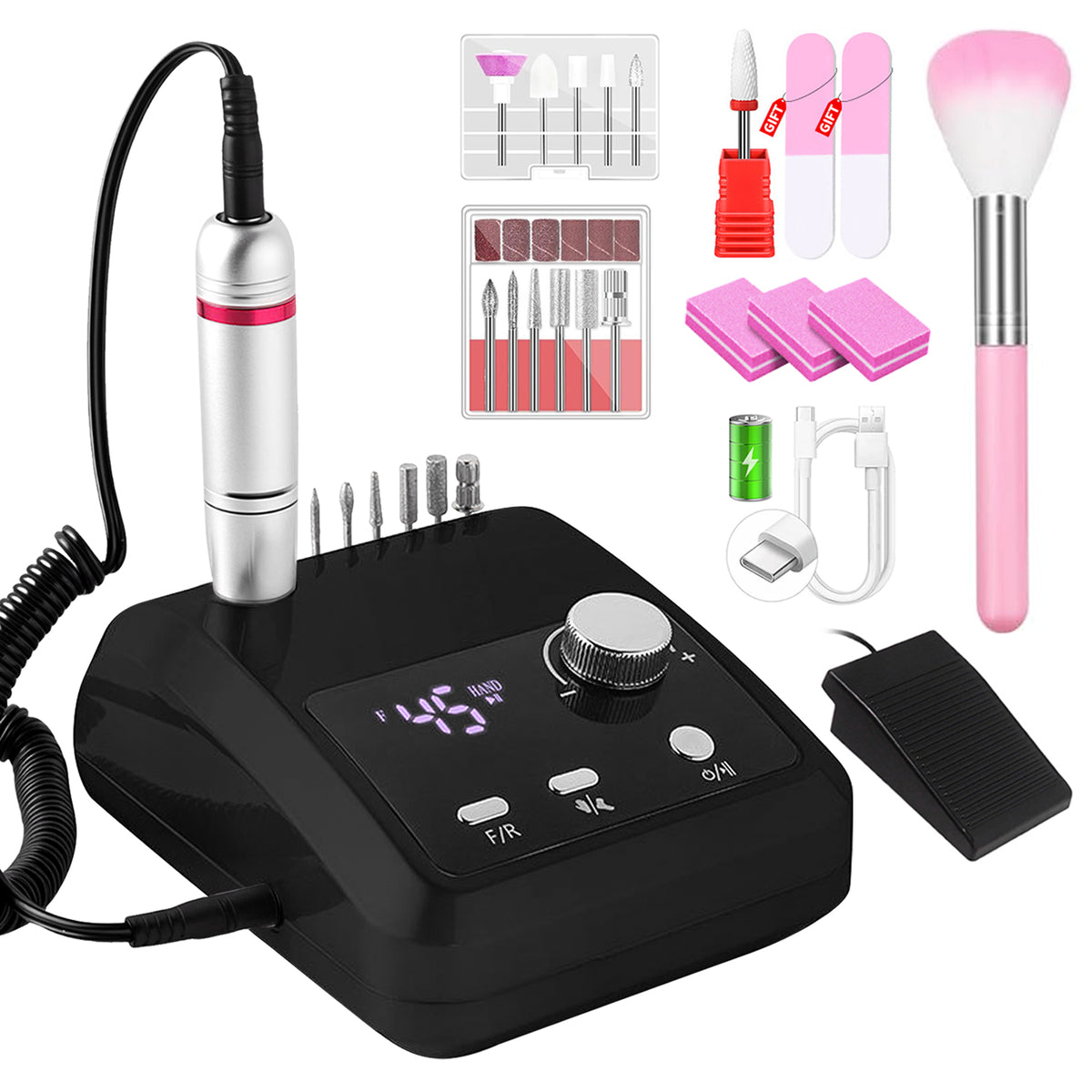 CozyZen Professional Electric Nail Drill 45000 RPM LCD Display, Hand & Foot Control, Low Noise, for Acrylic & Gel Nails, Manicure, Pedicure, Salon & Home