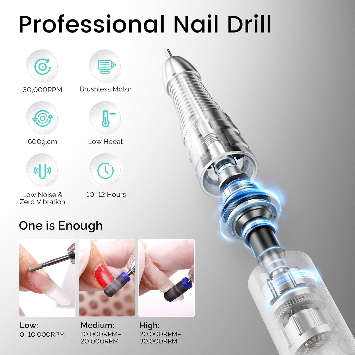 CozyZen Professional Nail Drill, 30000RPM Brushless Electric Nail File Cordless E File with High Torque, Low Vibration, 2200mAh Battery, Diamond-Decorated Knob for Acrylic & Gel Nails