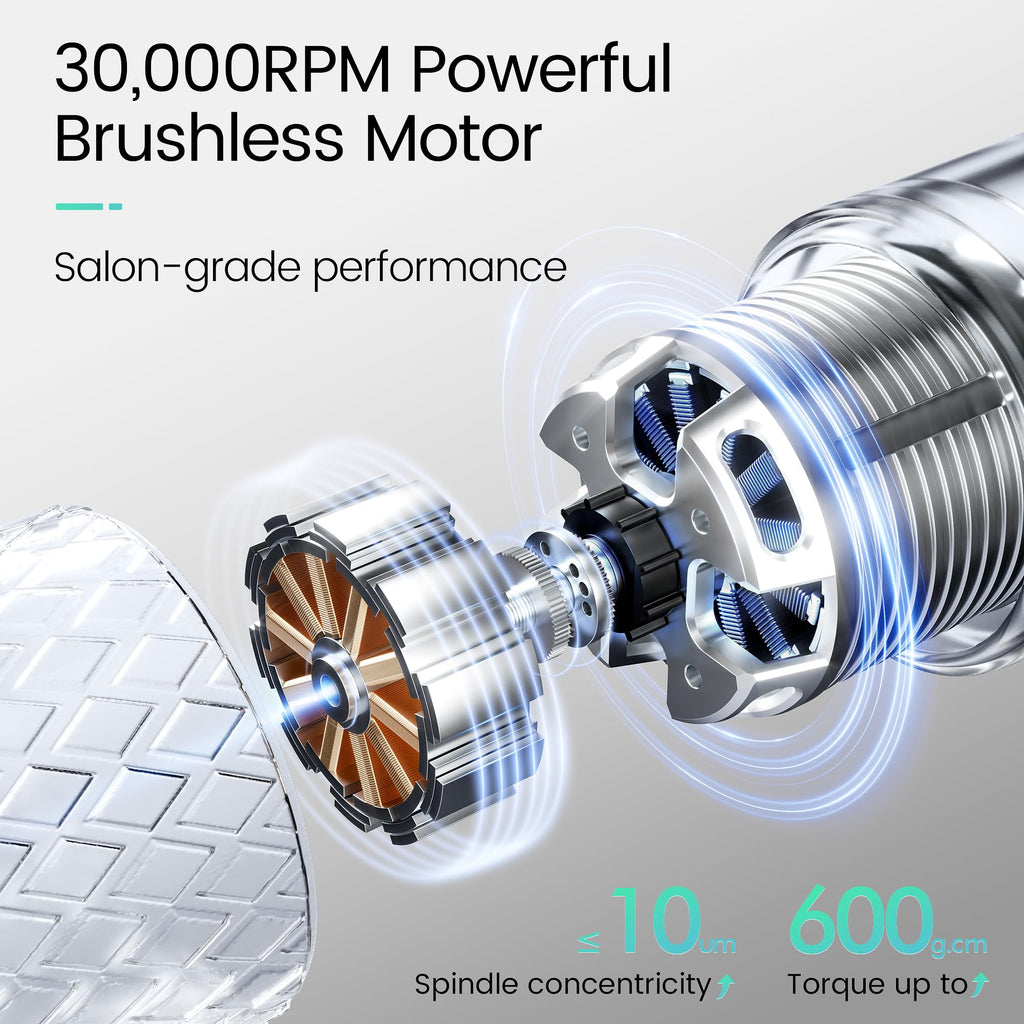 CozyZen Professional Nail Drill, 30000RPM Brushless Electric Nail File Cordless E File with High Torque, Low Vibration, 2200mAh Battery, Diamond-Decorated Knob for Acrylic & Gel Nails